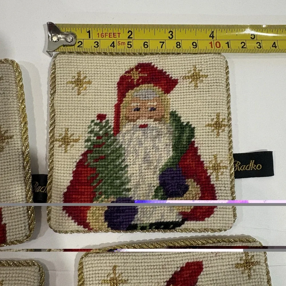 VTG Set of 4 Radko 4" Santa Needlepoint Wool Christmas Coasters Velvet Back - Picture 5 of 6